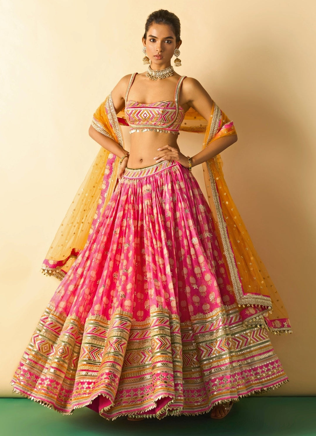 Gopi Vaid Pink Printed Cotton Silk Lehenga Set With Orange DupattaFabilicious Fashion
