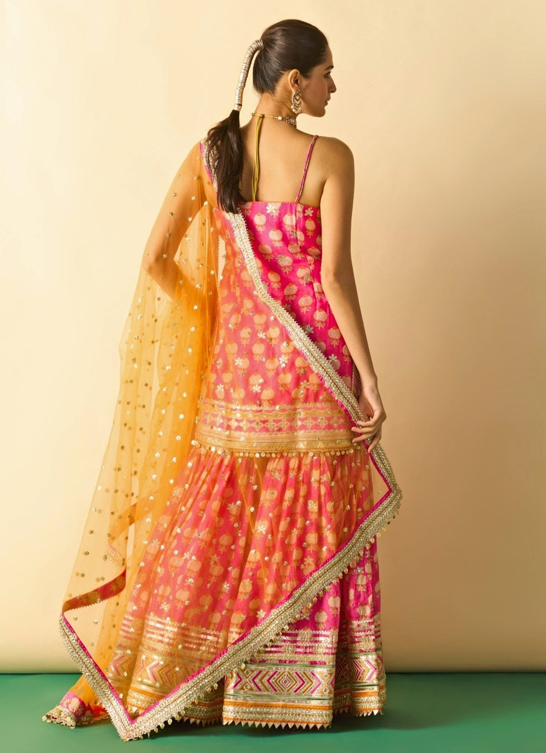 Gopi Vaid Pink Printed Cotton Silk Strappy Kurta Sharara Set With Orange DupattaFabilicious Fashion