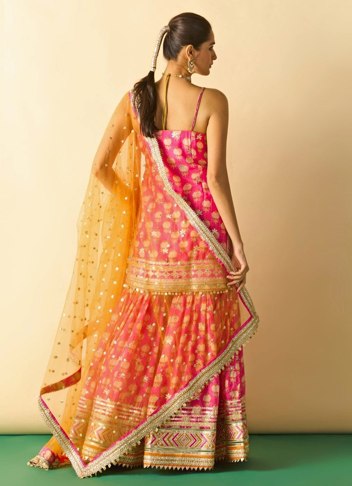 Gopi Vaid Pink Printed Cotton Silk Strappy Kurta Sharara Set With Orange DupattaFabilicious Fashion