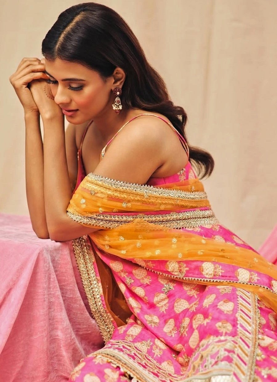 Gopi Vaid Pink Printed Cotton Silk Strappy Kurta Sharara Set With Orange DupattaFabilicious Fashion