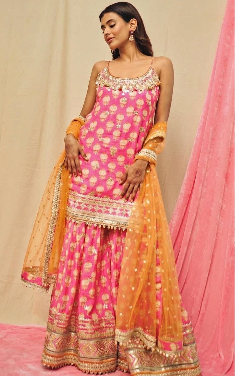 Gopi Vaid Pink Printed Cotton Silk Strappy Kurta Sharara Set With Orange DupattaFabilicious Fashion