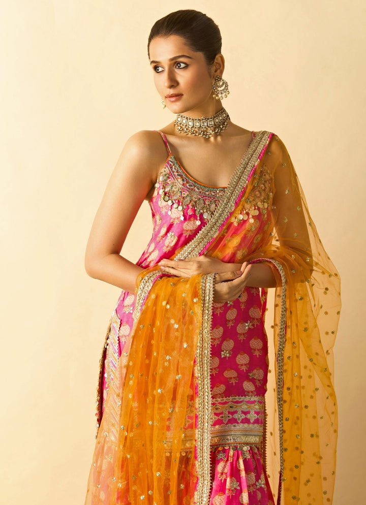 Gopi Vaid Pink Printed Cotton Silk Strappy Kurta Sharara Set With Orange DupattaFabilicious Fashion