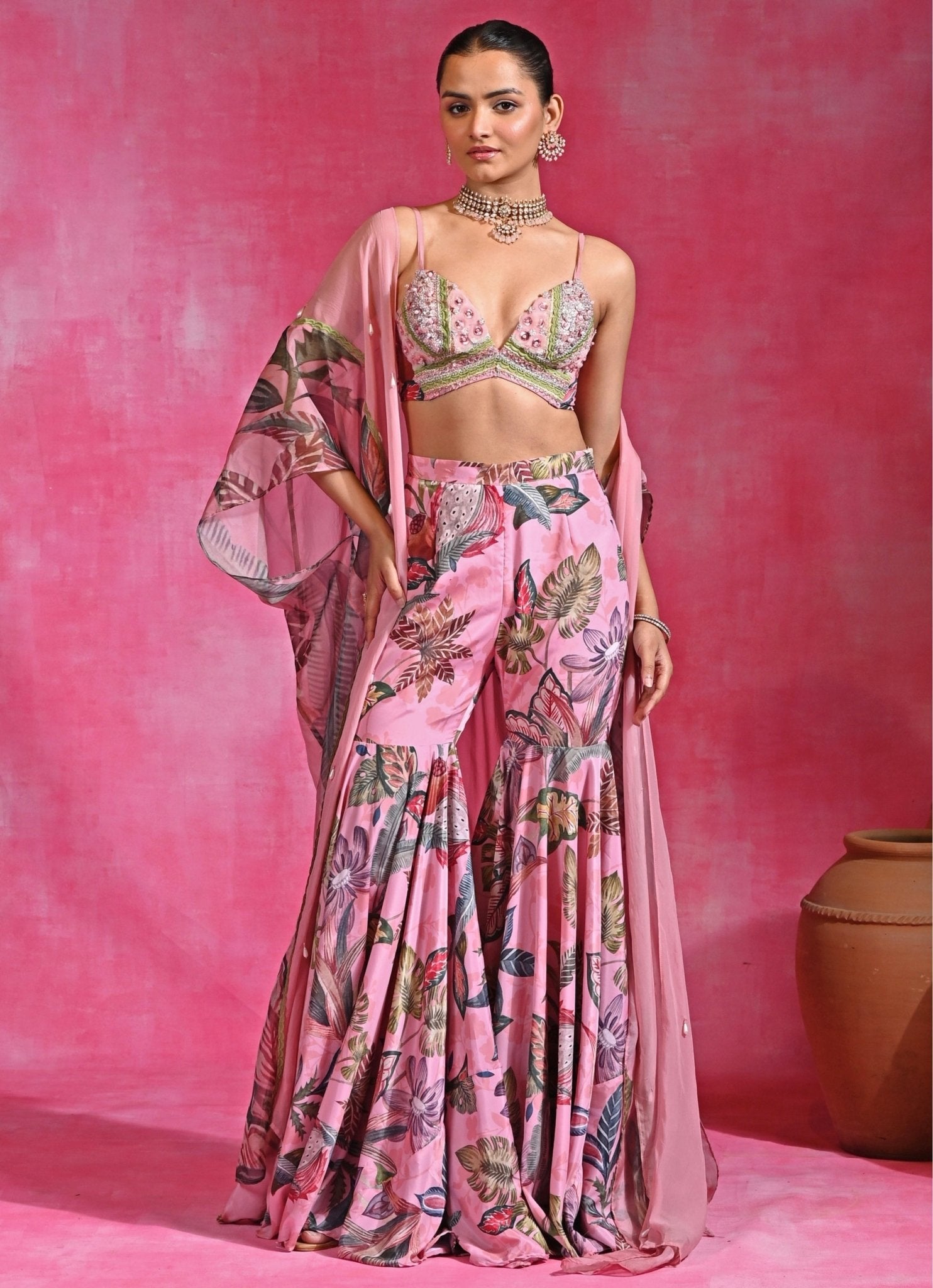 Pink printed crepe blouse sharara set by Rishi and Vibhuti — light indo western outfit for a daytime wedding in California