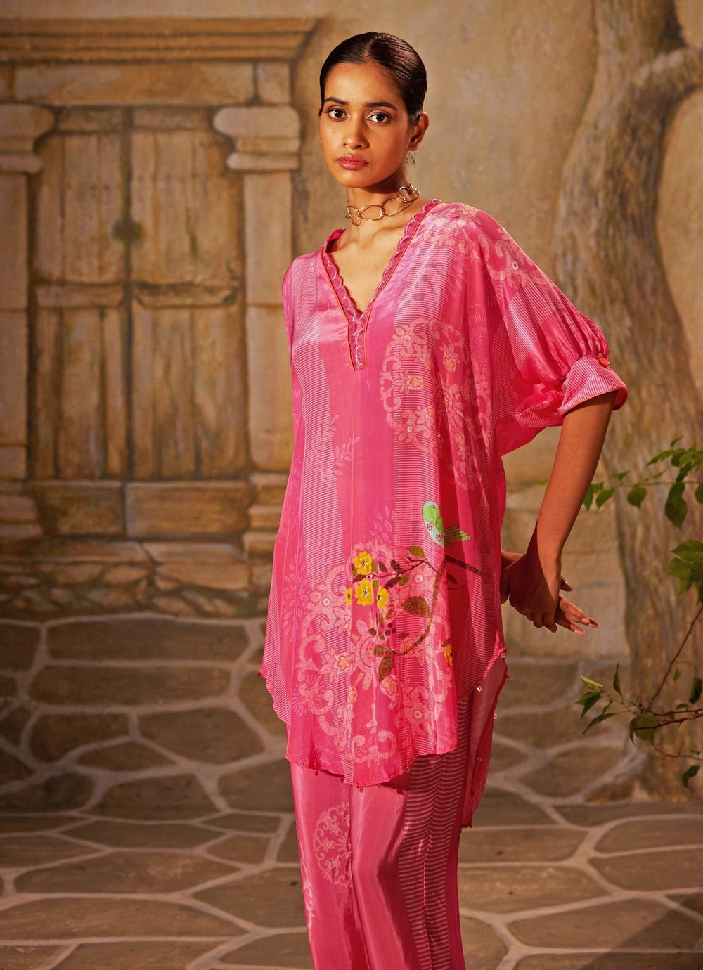 Pink Printed Crepe Co - Ord Set Basil Leaf - Fabilicious Fashion