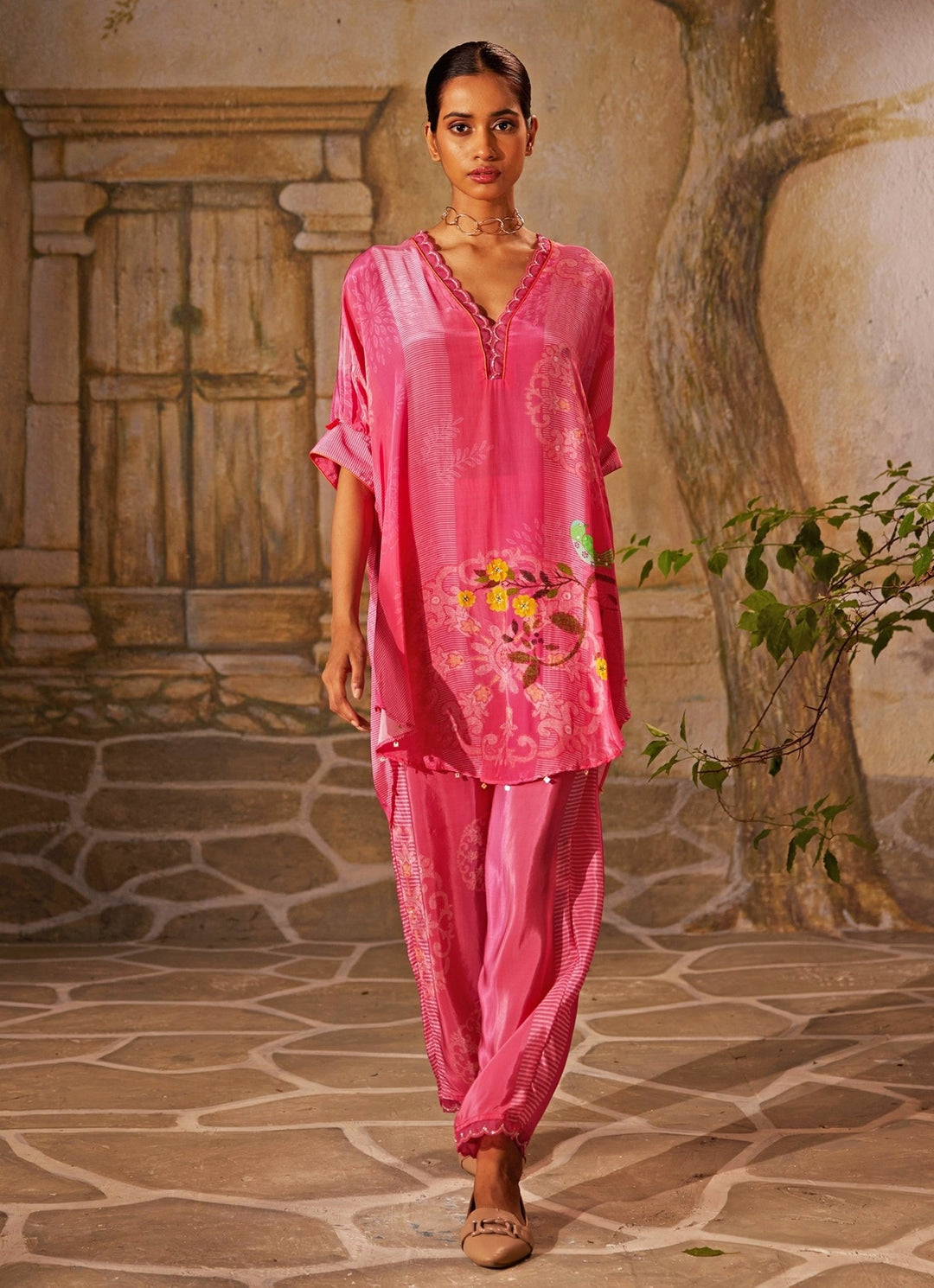 Pink Printed Crepe Co - Ord Set Basil Leaf - Fabilicious Fashion