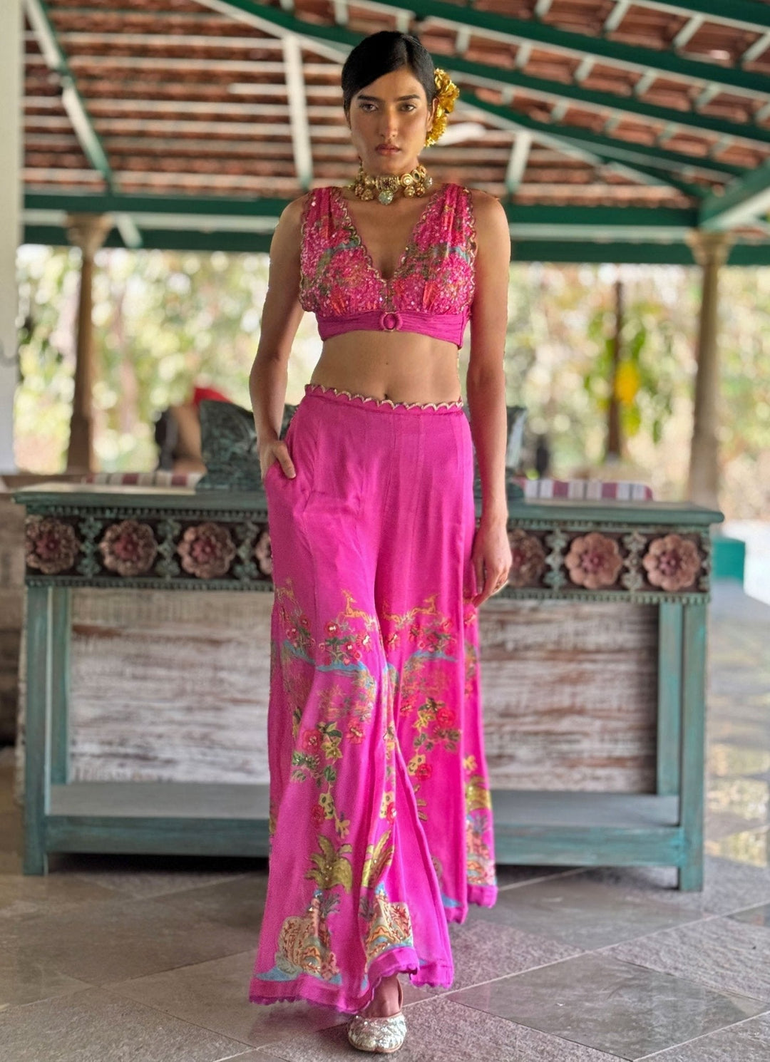 Pink Printed Embroidered Crop Top Pant Basil Leaf - Fabilicious Fashion