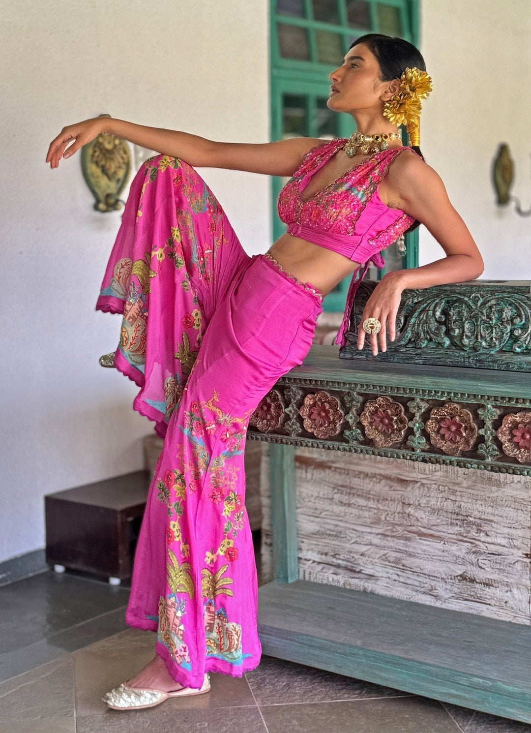 Pink Printed Embroidered Crop Top Pant Basil Leaf - Fabilicious Fashion