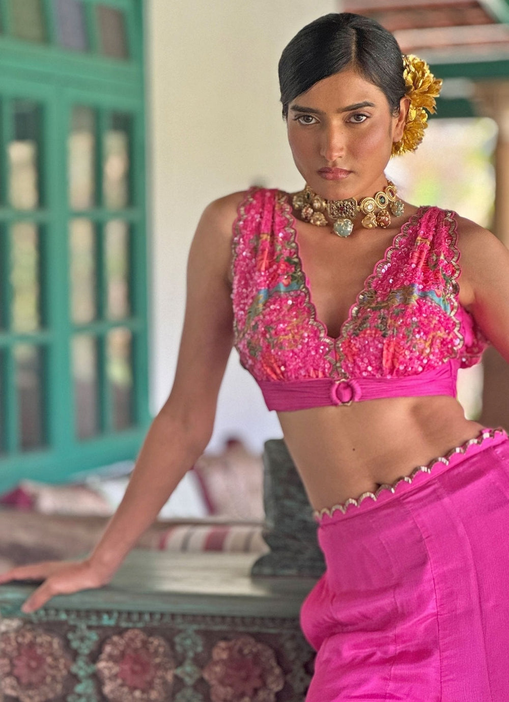 Pink Printed Embroidered Crop Top Pant Basil Leaf - Fabilicious Fashion