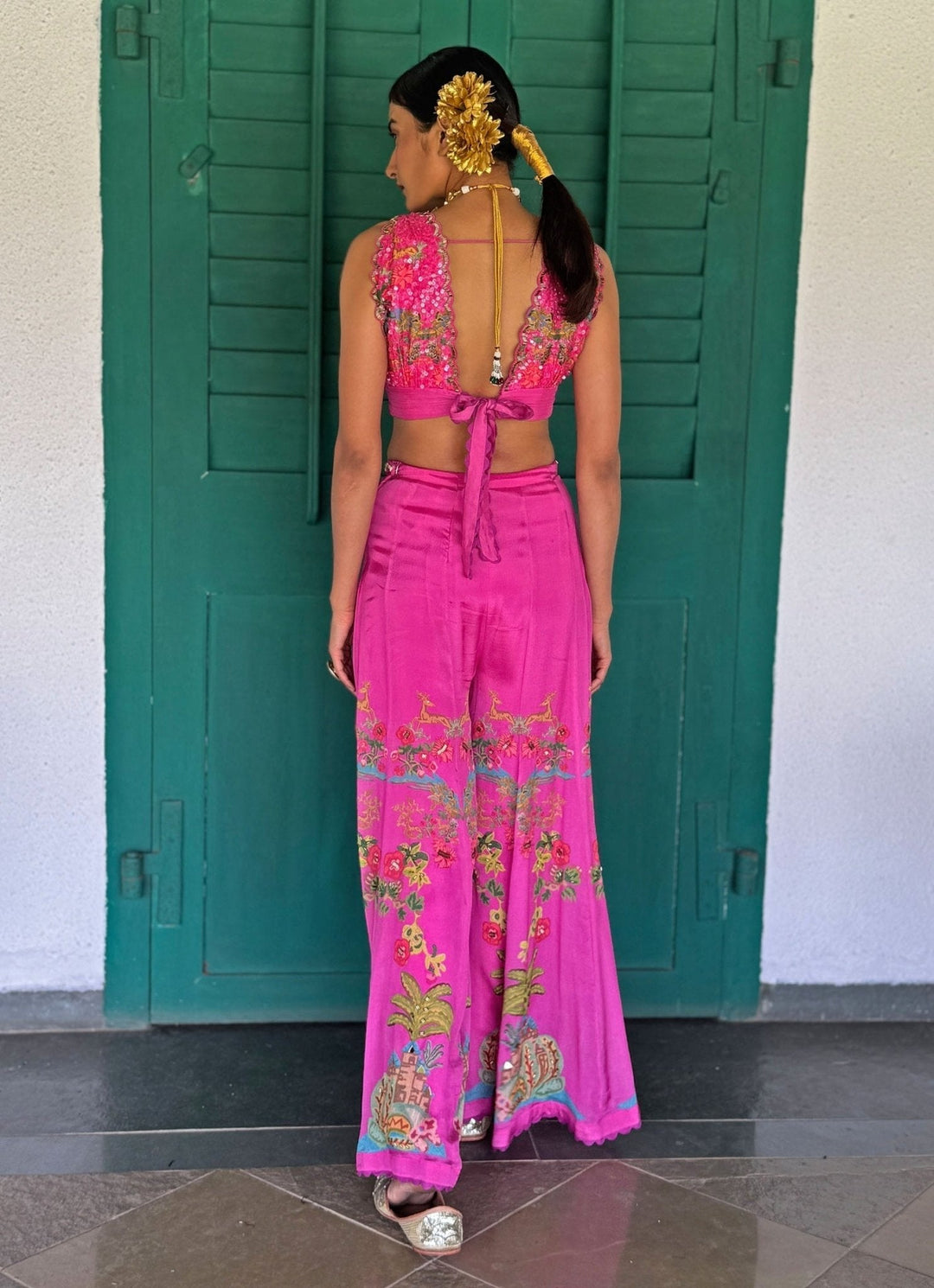 Pink Printed Embroidered Crop Top Pant Basil Leaf - Fabilicious Fashion