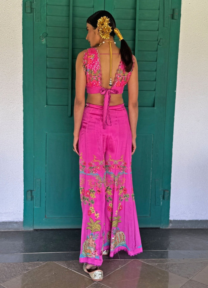 Pink Printed Embroidered Crop Top Pant Basil Leaf - Fabilicious Fashion