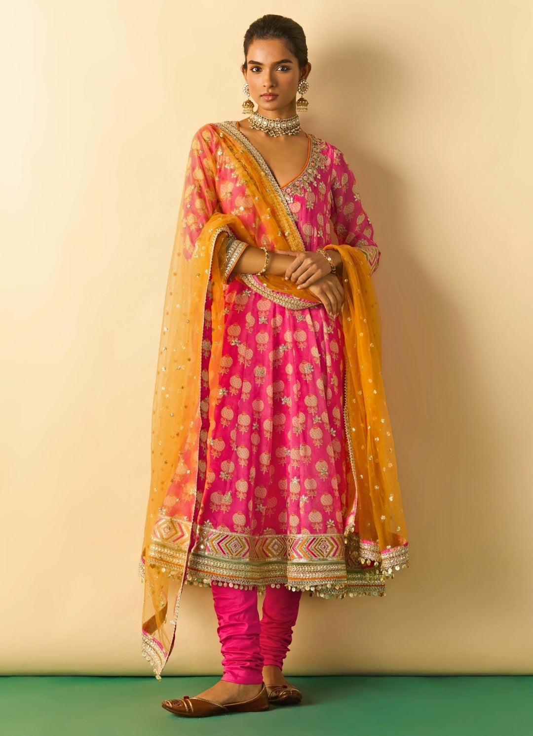 Gopi Vaid Pink Printed Georgette Anarkali Set With Orange DupattaFabilicious Fashion