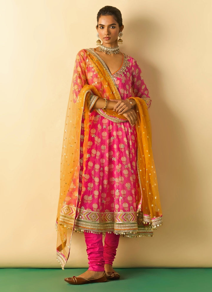 Gopi Vaid Pink Printed Georgette Anarkali Set With Orange DupattaFabilicious Fashion