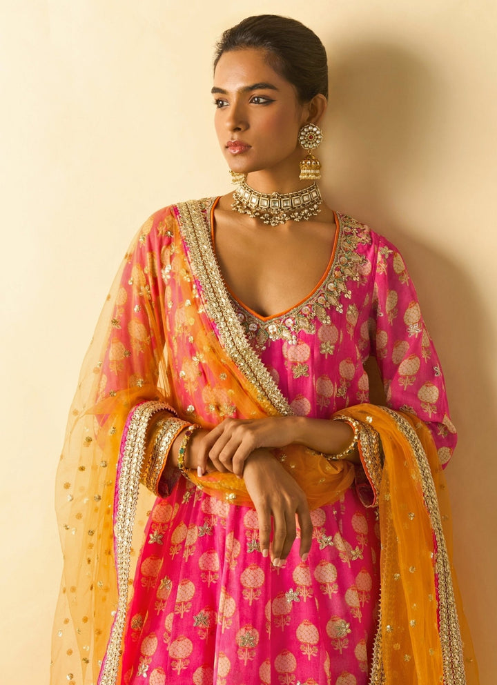 Gopi Vaid Pink Printed Georgette Anarkali Set With Orange DupattaFabilicious Fashion