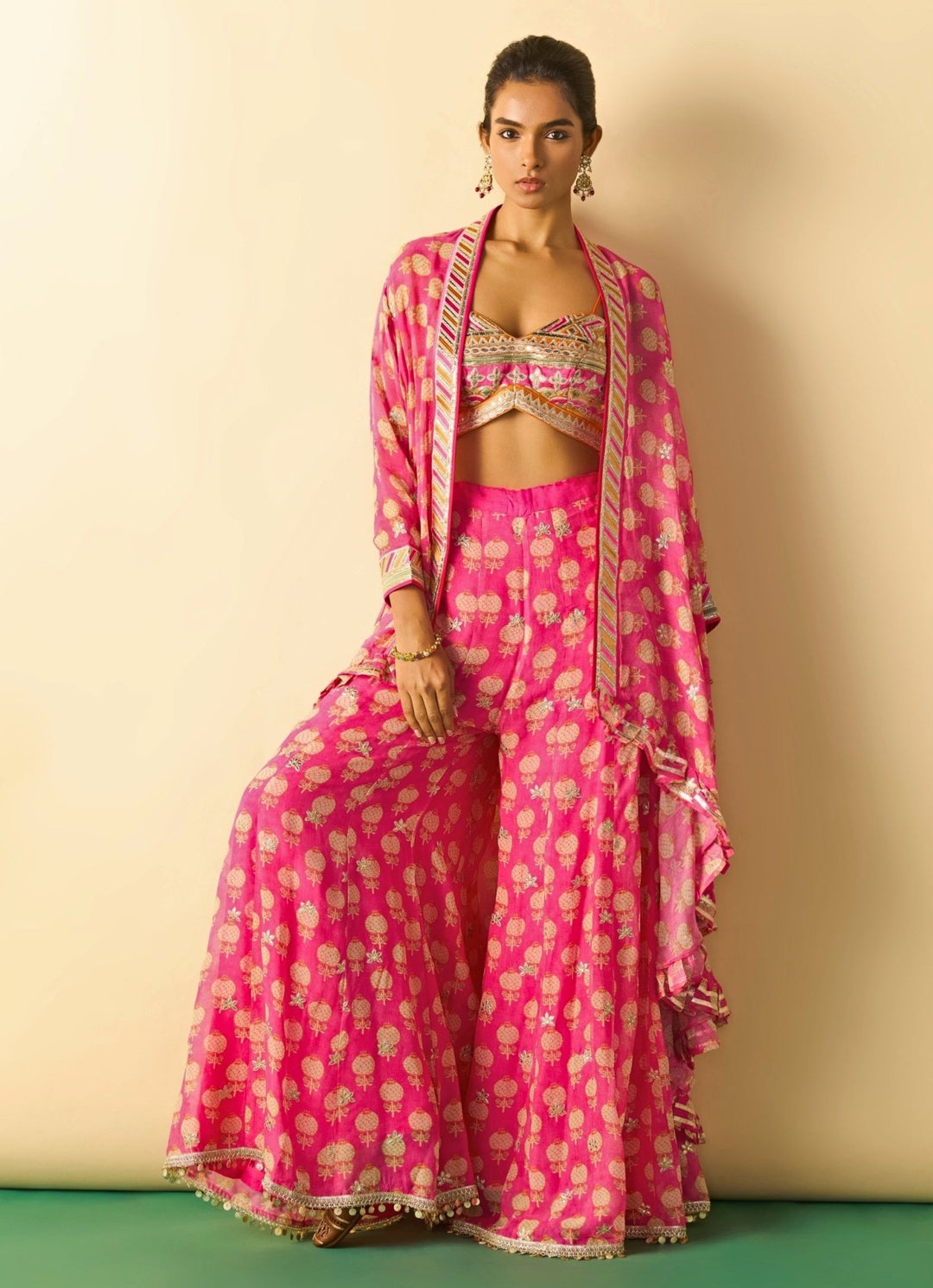 Gopi Vaid Pink Printed Georgette Blouse Sharara Set With CapeFabilicious Fashion