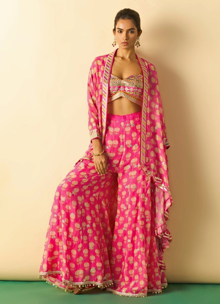Gopi Vaid Pink Printed Georgette Blouse Sharara Set With CapeFabilicious Fashion