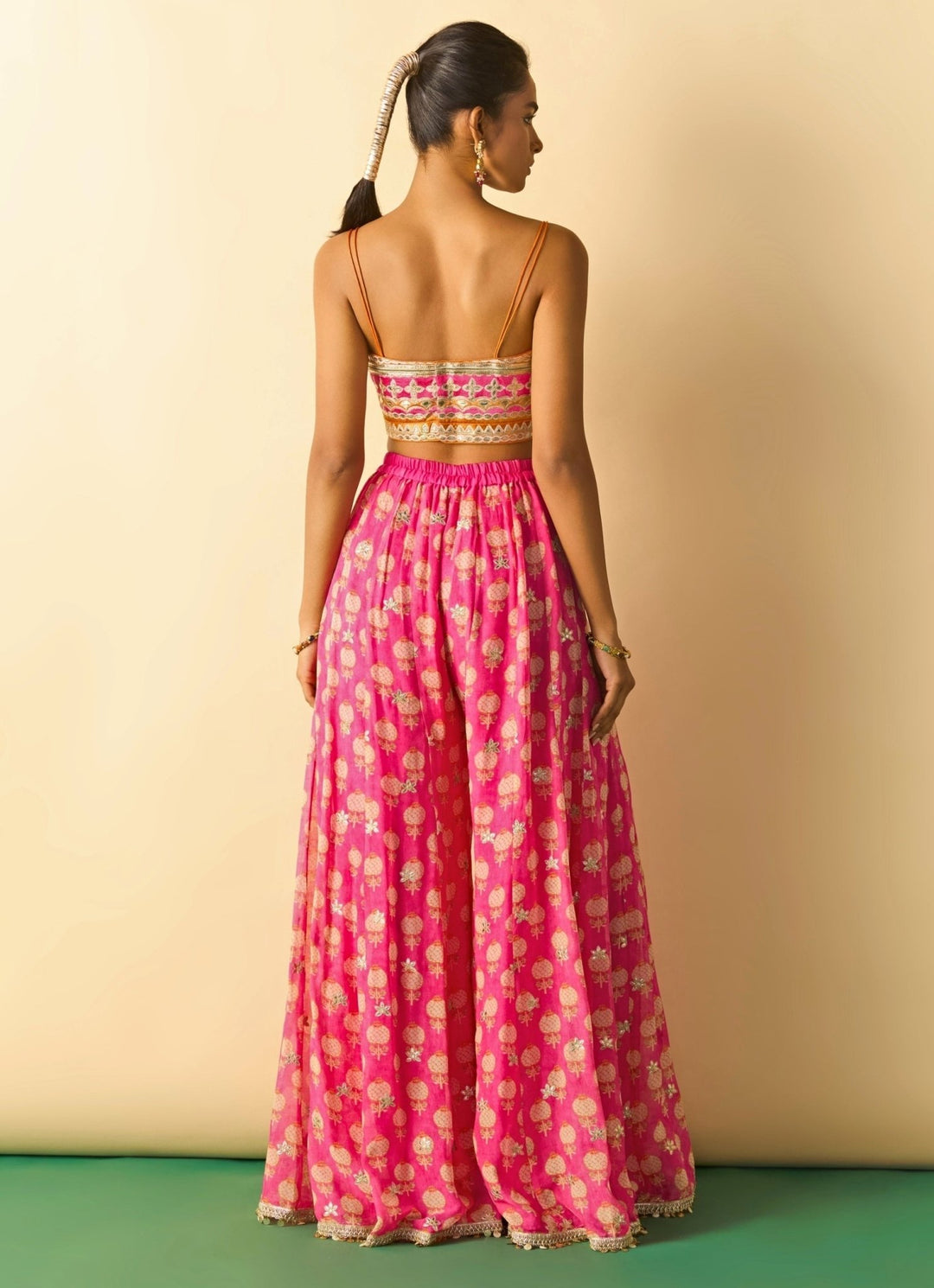 Gopi Vaid Pink Printed Georgette Blouse Sharara Set With CapeFabilicious Fashion