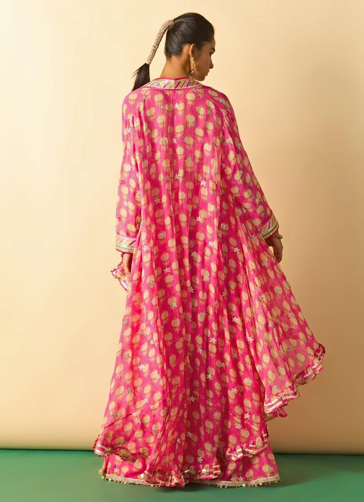 Gopi Vaid Pink Printed Georgette Blouse Sharara Set With CapeFabilicious Fashion