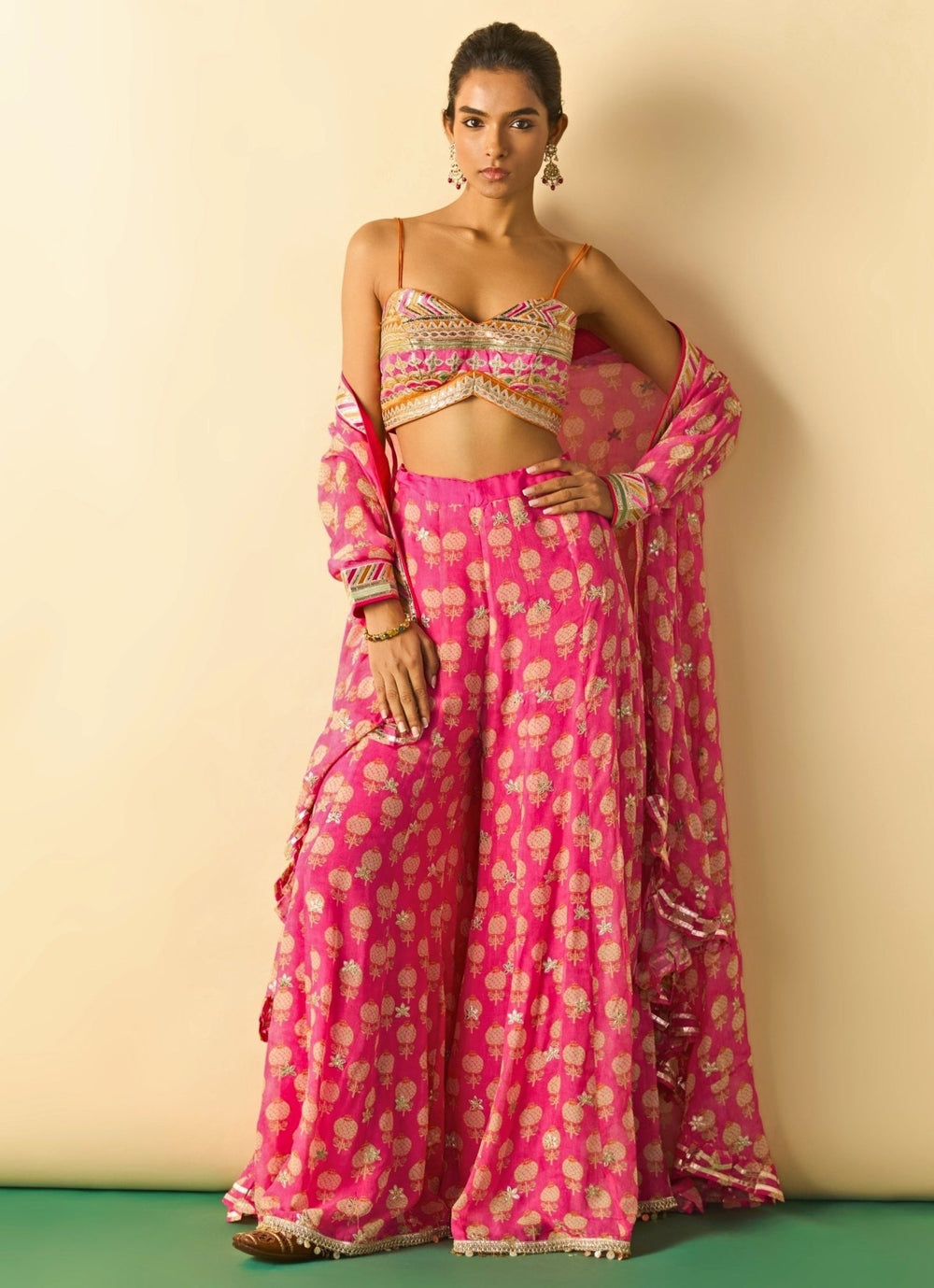Gopi Vaid Pink Printed Georgette Blouse Sharara Set With CapeFabilicious Fashion