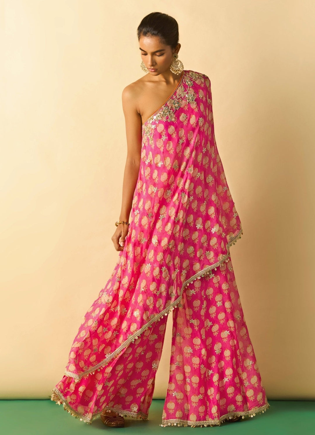 Gopi Vaid Pink Printed Georgette One Shoulder Kurta Pants SetFabilicious Fashion