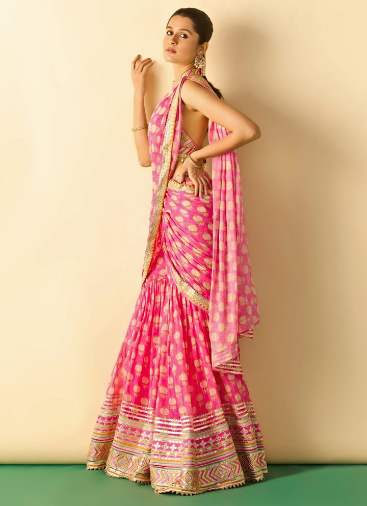 Gopi Vaid Pink Printed Georgette Pant Saree SetFabilicious Fashion