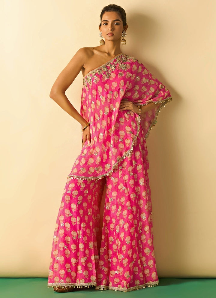 Gopi Vaid Pink Printed Georgette Pants Set With One Shoulder TopFabilicious Fashion
