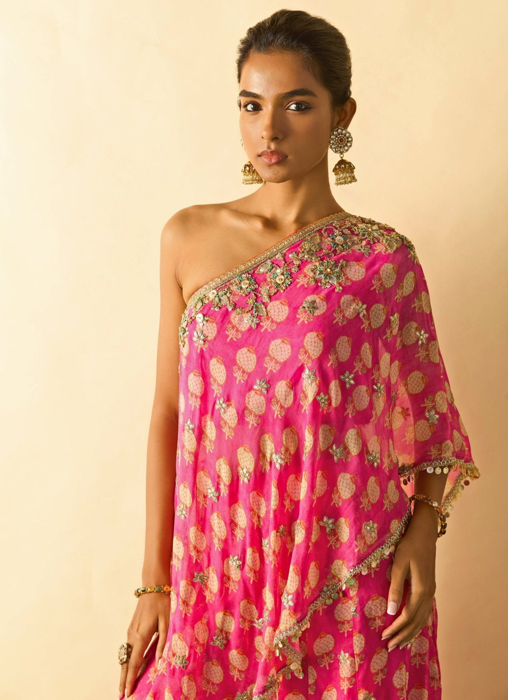 Gopi Vaid Pink Printed Georgette Pants Set With One Shoulder TopFabilicious Fashion