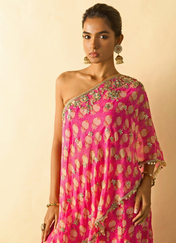 Gopi Vaid Pink Printed Georgette Pants Set With One Shoulder TopFabilicious Fashion