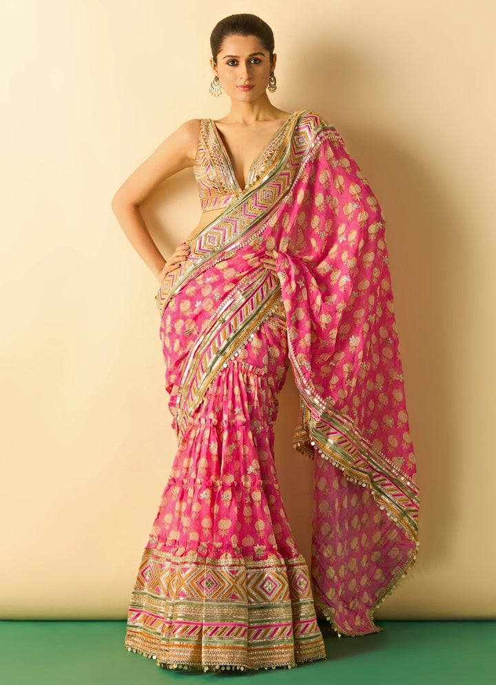 Gopi Vaid Pink Printed Georgette Pre-Draped SareeFabilicious Fashion