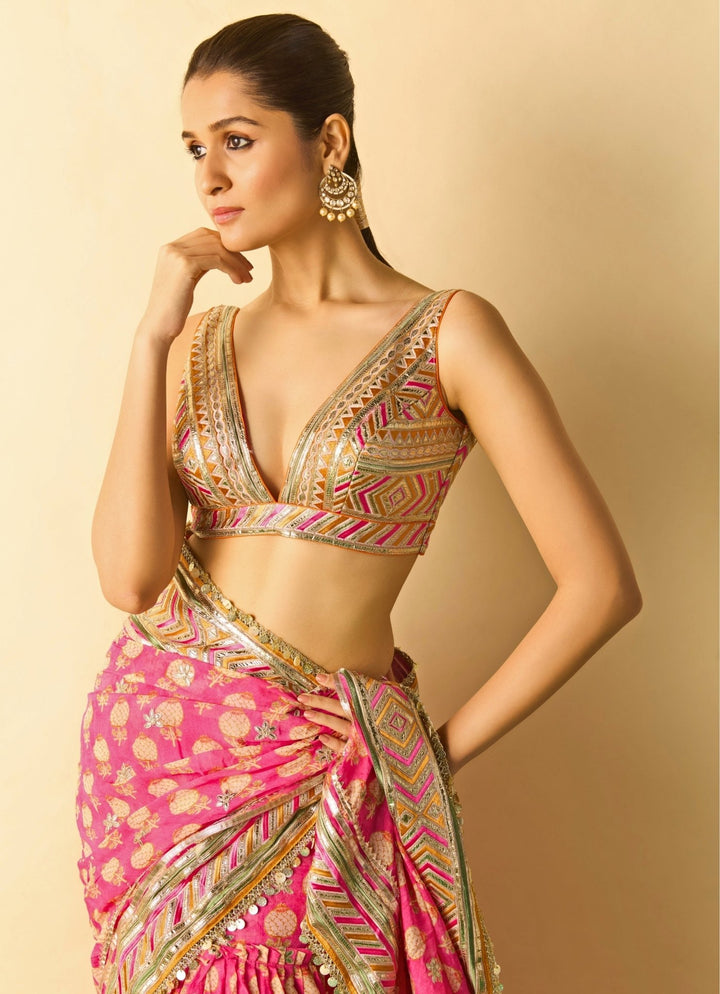Gopi Vaid Pink Printed Georgette Pre-Draped SareeFabilicious Fashion