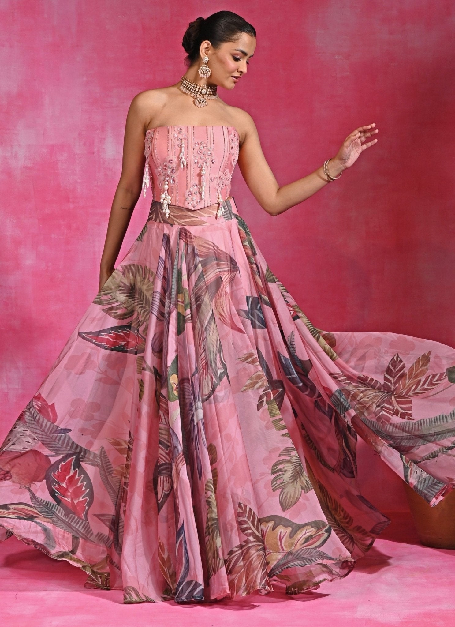 Pink Printed Organza Corset Lehenga Set by Rishi and Vibhuti — corset lehenga for a wedding guest