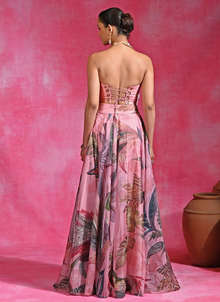 Rishi and Vibhuti Pink Printed Organza Corset Lehenga SetFabilicious Fashion
