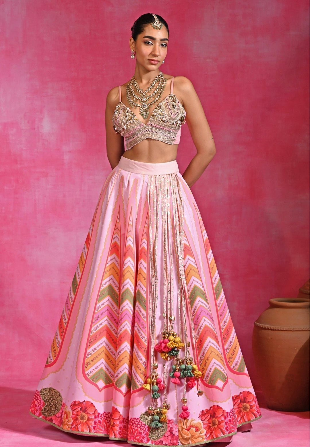 Rishi and Vibhuti Pink Printed Organza Tassel Lehenga SetFabilicious Fashion