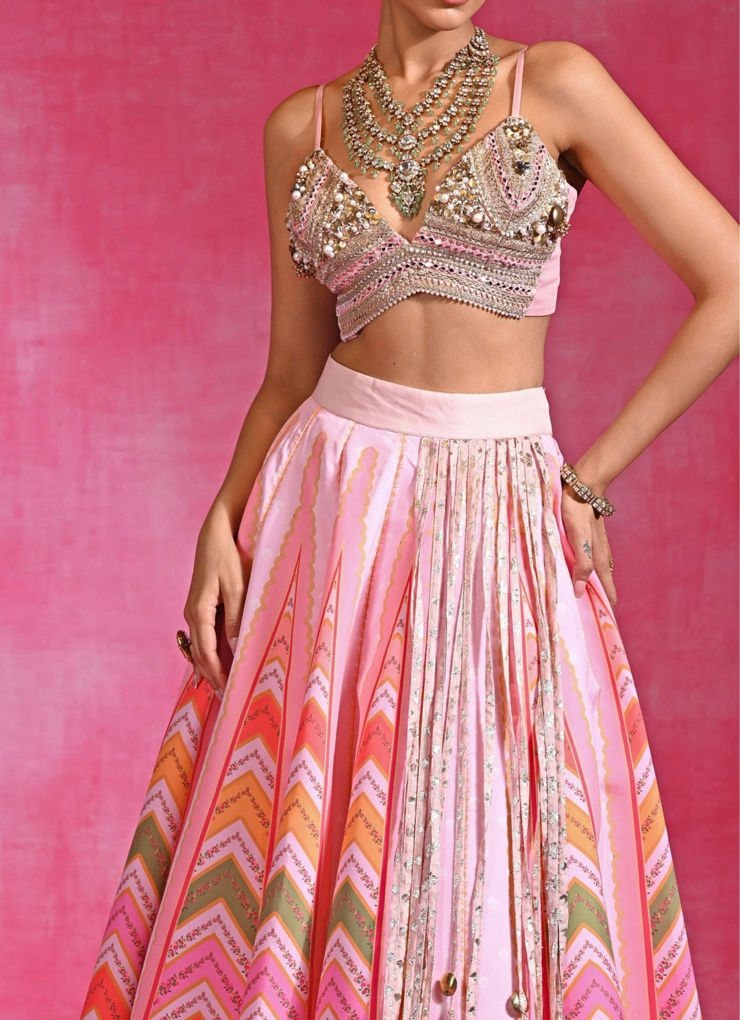 Rishi and Vibhuti Pink Printed Organza Tassel Lehenga SetFabilicious Fashion
