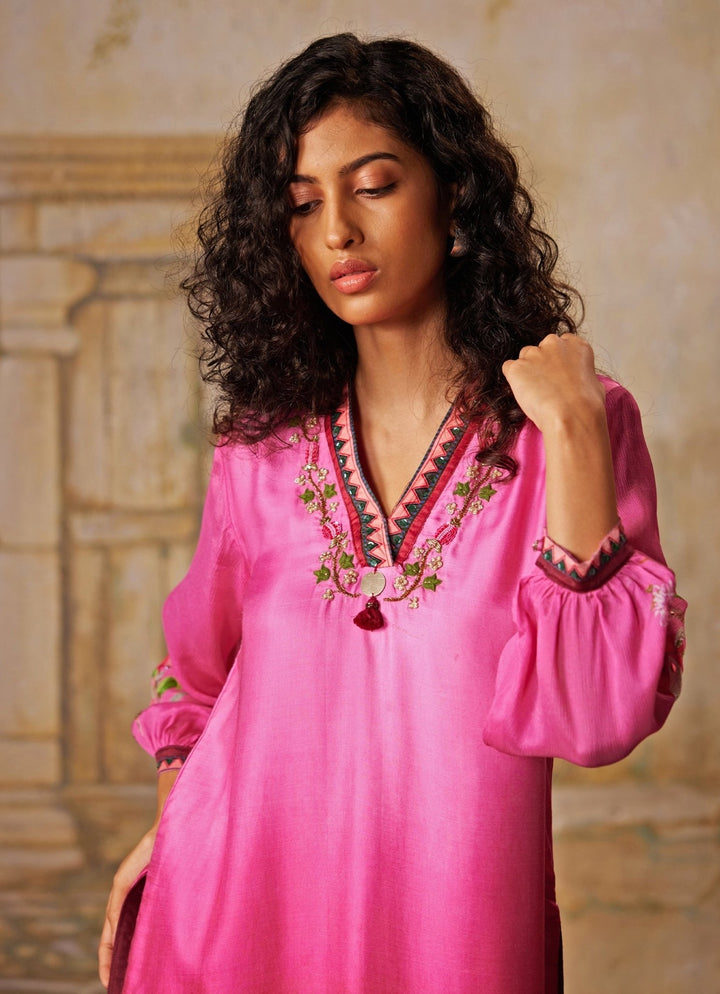 Pink Printed Satin Kurta Sharara Set Basil Leaf - Fabilicious Fashion