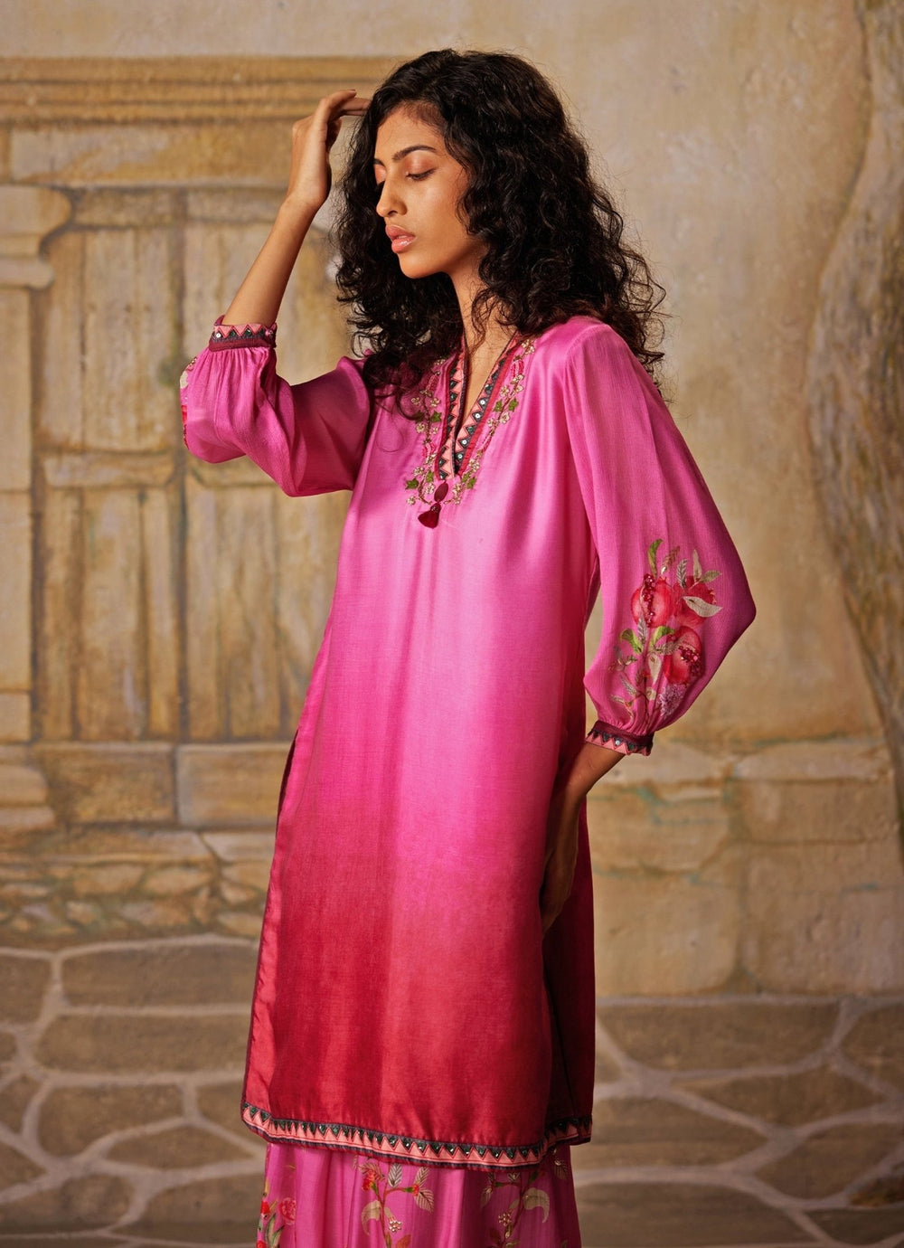 Pink Printed Satin Kurta Sharara Set Basil Leaf - Fabilicious Fashion