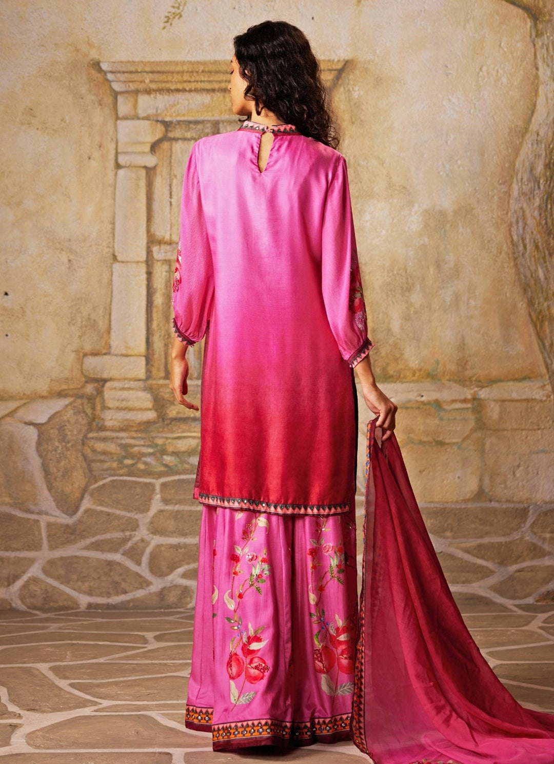 Pink Printed Satin Kurta Sharara Set Basil Leaf - Fabilicious Fashion
