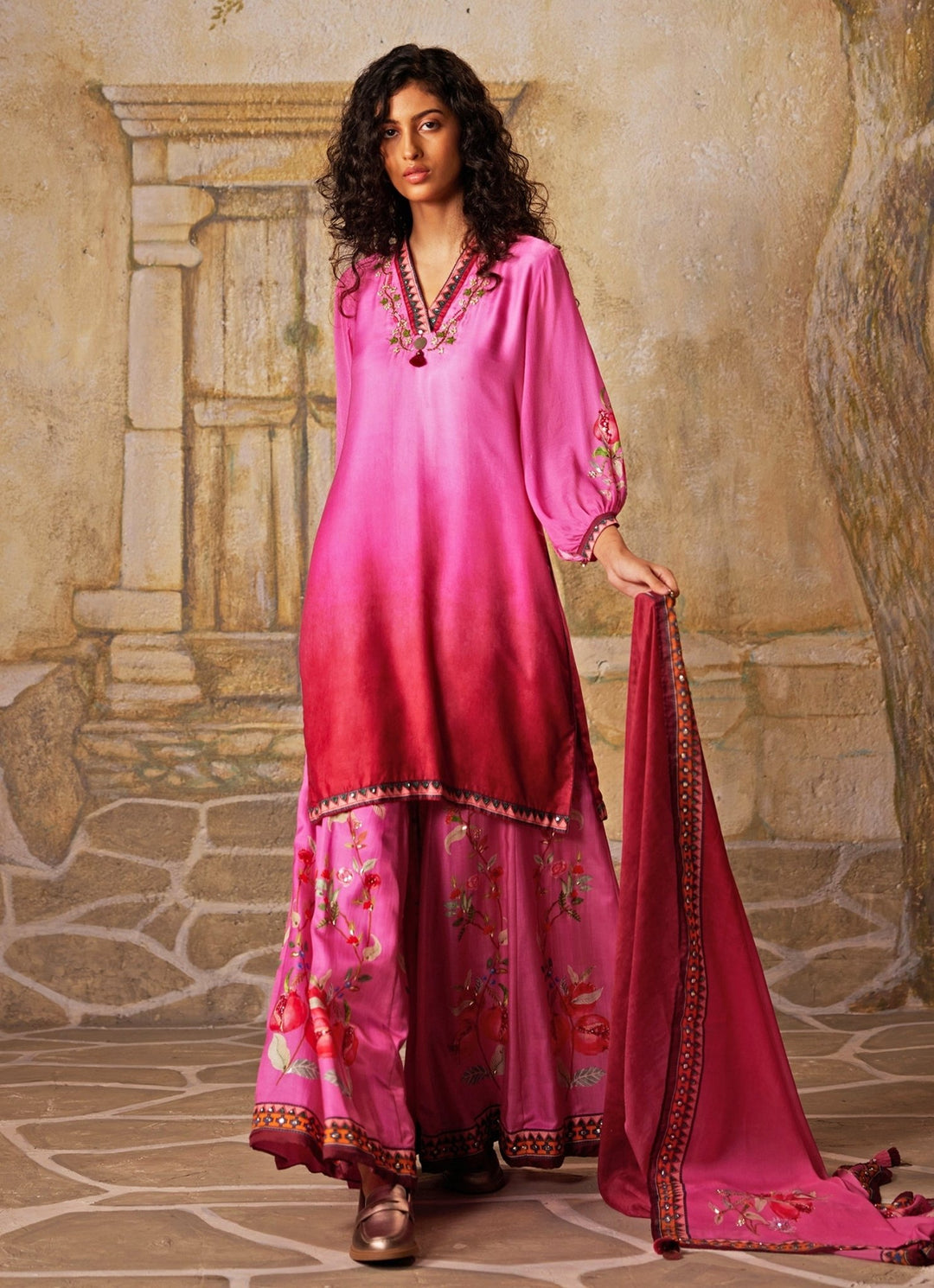 Pink Printed Satin Kurta Sharara Set Basil Leaf - Fabilicious Fashion