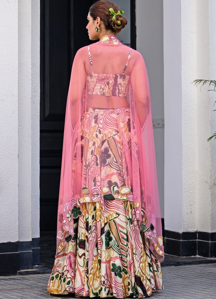 Pink Printed Satin Lehenga Set With Cape Juhi Bengani - Fabilicious Fashion