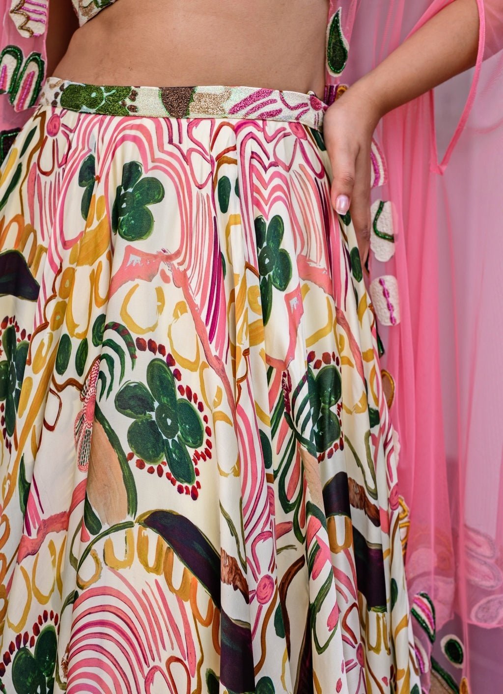 Pink Printed Satin Lehenga Set With Cape Juhi Bengani - Fabilicious Fashion