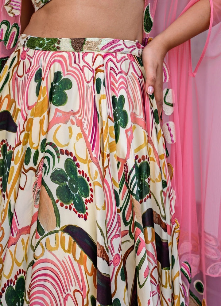 Pink Printed Satin Lehenga Set With Cape Juhi Bengani - Fabilicious Fashion