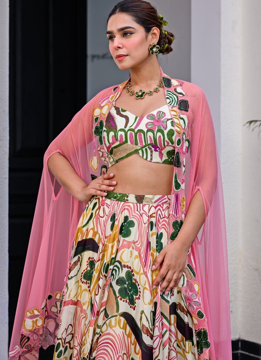 Pink Printed Satin Lehenga Set With Cape Juhi Bengani - Fabilicious Fashion