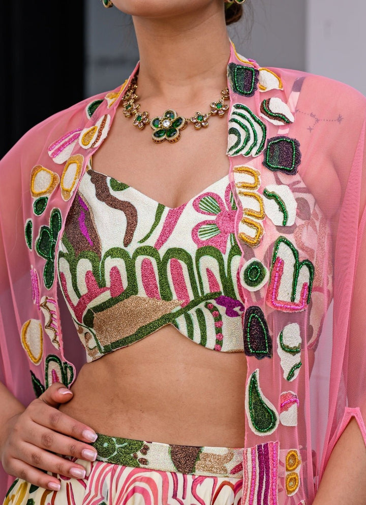 Pink Printed Satin Lehenga Set With Cape Juhi Bengani - Fabilicious Fashion