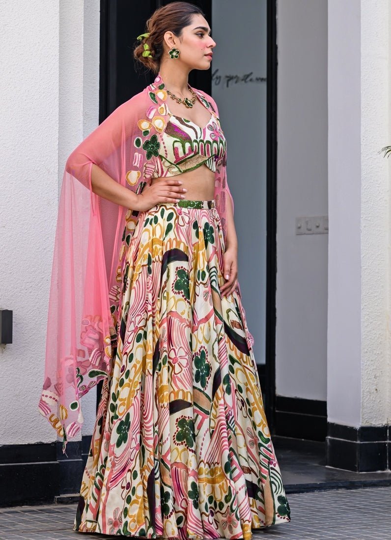 Pink Printed Satin Lehenga Set With Cape Juhi Bengani - Fabilicious Fashion