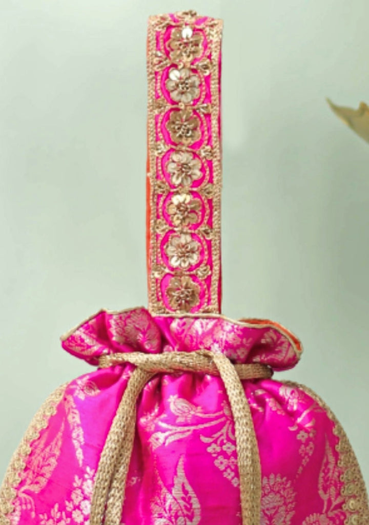 Pink Raw Silk Embroidered Potli AMYRA - Fabilicious Fashion