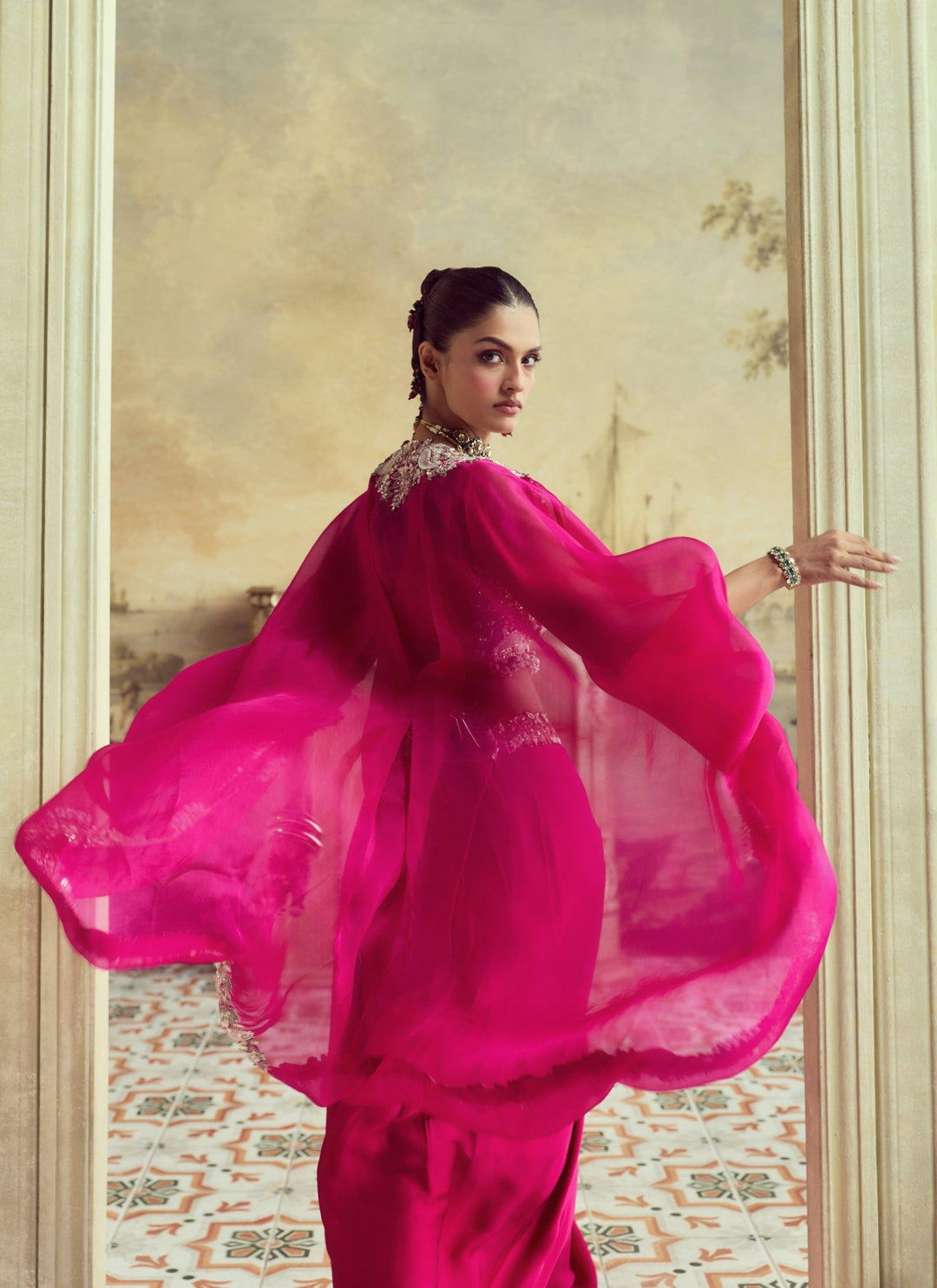 Prisho Pink Satin Drape Skirt Set With CapeFabilicious Fashion