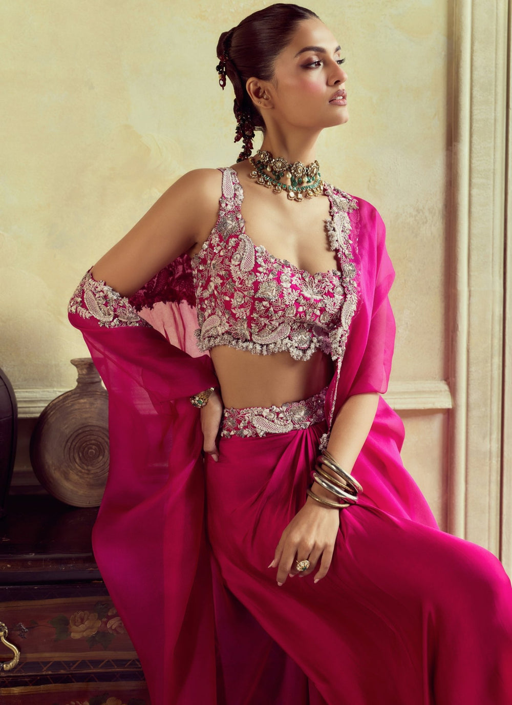 Prisho Pink Satin Drape Skirt Set With CapeFabilicious Fashion