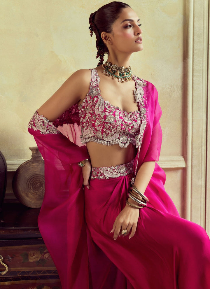 Prisho Pink Satin Drape Skirt Set With CapeFabilicious Fashion
