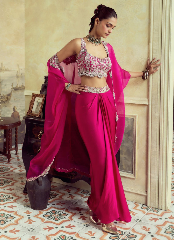 Prisho Pink Satin Drape Skirt Set With CapeFabilicious Fashion