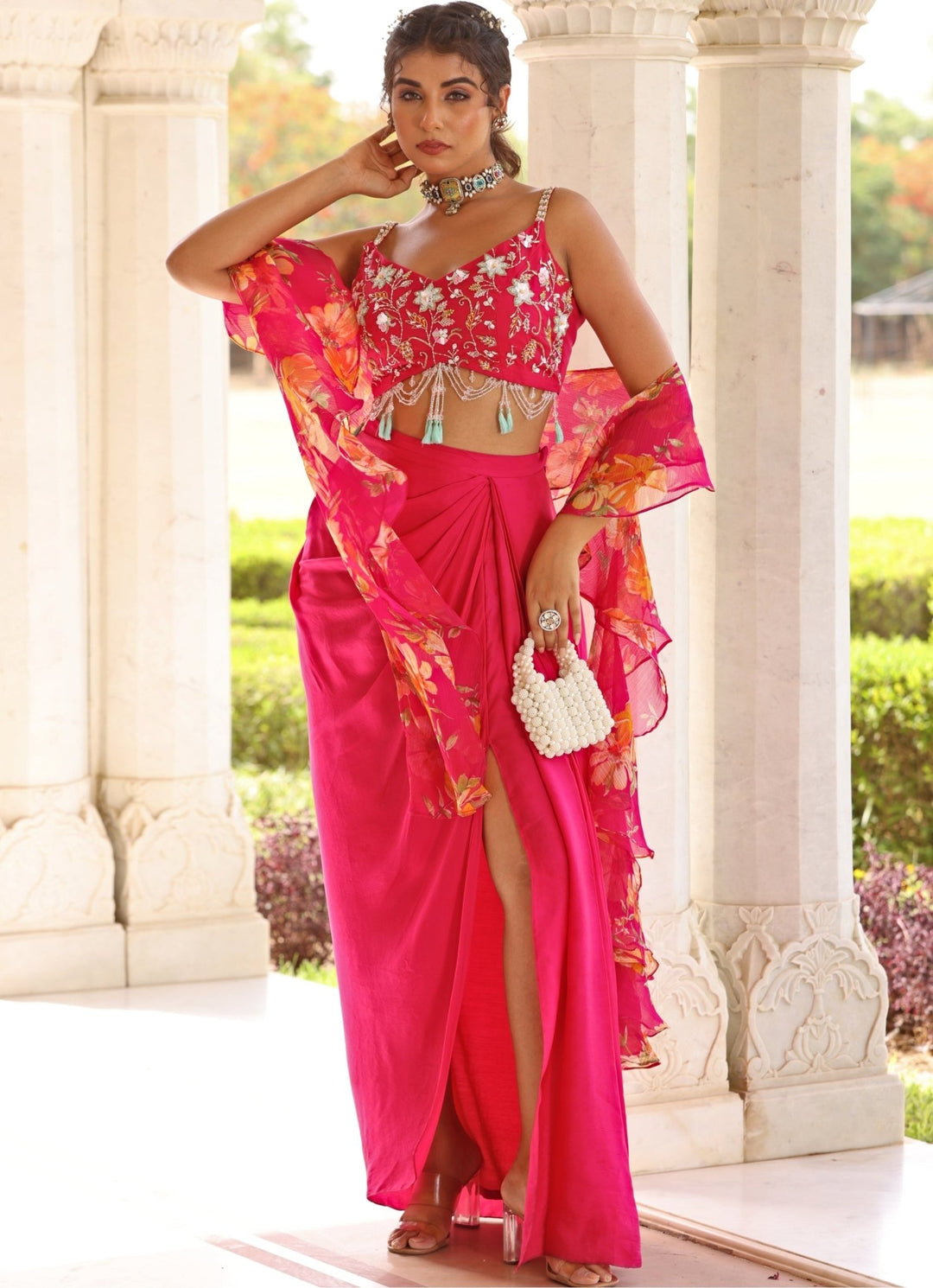 Pink Satin Drape Slit Skirt With Embroidered Blouse Manisha Soni - Fabilicious Fashion