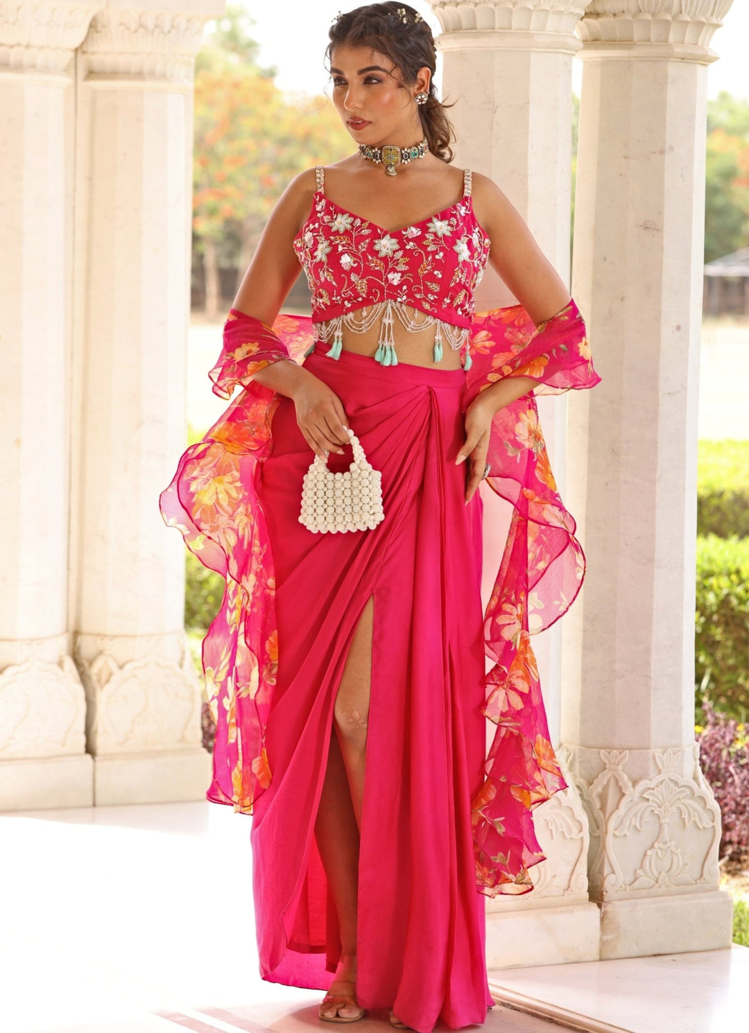 Pink Satin Drape Slit Skirt With Embroidered Blouse Manisha Soni - Fabilicious Fashion